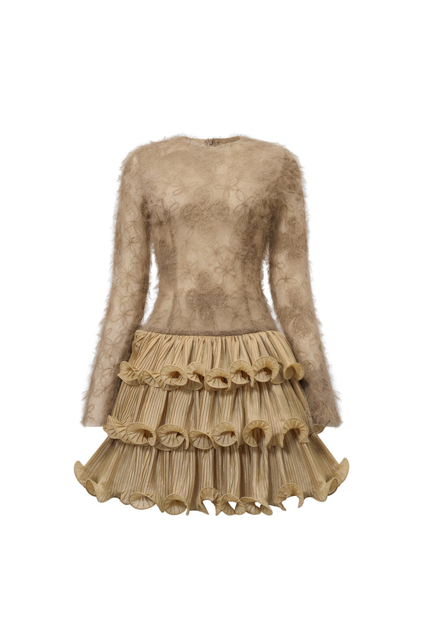 ZENITH Ruffle Layer Fur Mini Dress