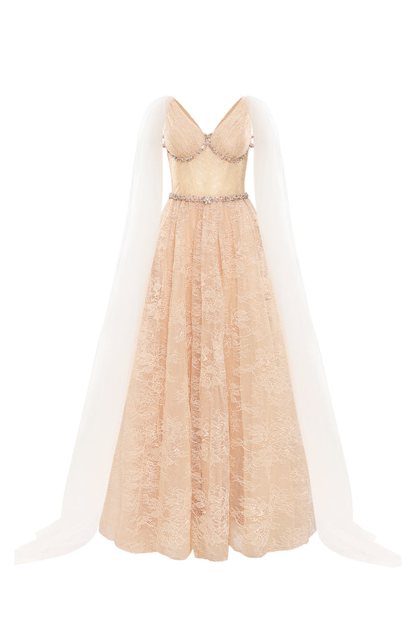 SOLENNE Corset Lace Gown with Sheer Cape