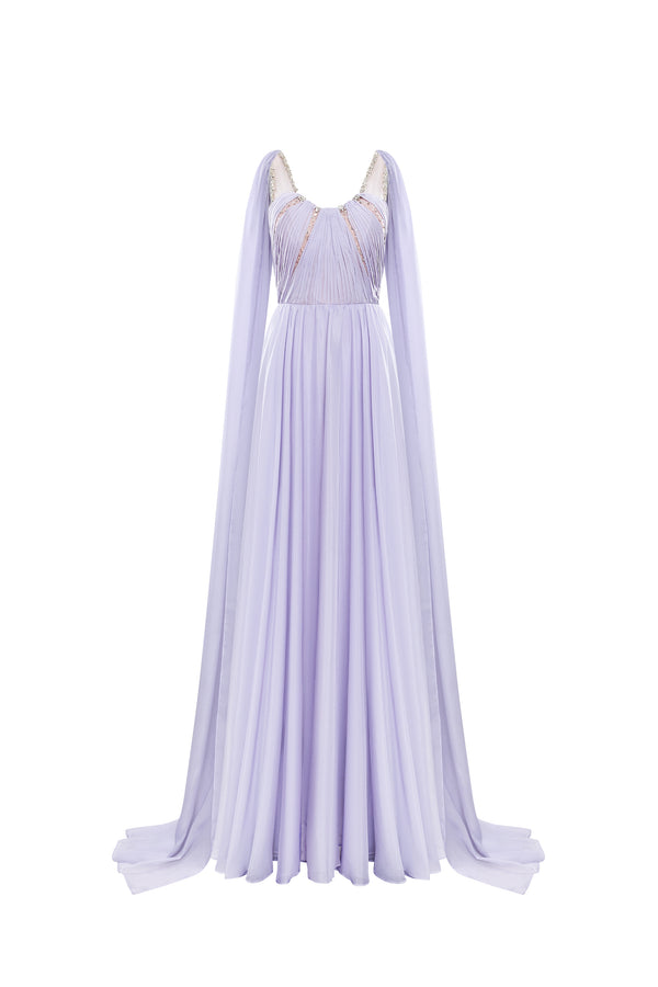 VIOLETTE Draped Chiffon Gown with Sheer Cape